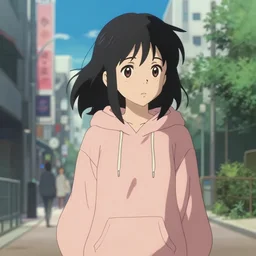 girl wearing hoodie, city, anime key visual, shinkai makoto