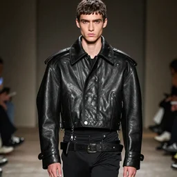 an award - winning photo of a male model wearing a baggy designer medieval cropped leather menswear jacket designed by alexander mcqueen, 4 k, studio lighting