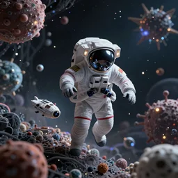 an epic portrait of a tiny astronaut entering microscopic multiverse of atoms madness with a tiny macro spaceship, cinematic lighting, trending on Artstation, highly detailed, insane details