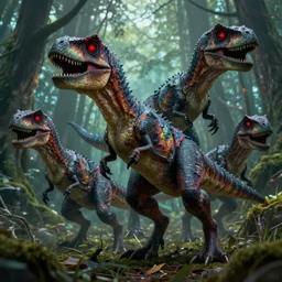 group of mutated nightmare velociraptors, red glowing eyes, hunting in the forest. in style of greg rutkowski and hyung - tae kim, trending on artstation, grimdark fantasy, great composition, highly detailed, dynamic pose, vibrant colors, epic, 8 k, unreal engine, octane render