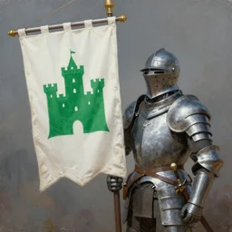 a fantasy painting of a soldier in armor holding a white banner with a green castle on it, matte painting