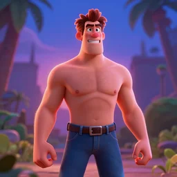 phil hale portrait of a snarling shirtless man in jeans, vibrant, 5 0 mm lens, animated character and environment design, behance hd, evening, dramatic lighting, cinematic, trending on artstation, bloom
