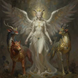 a painting of the spirit of fantastic and mythical creatures by hanna yata, elegant, artstation, concept art, ambient occlusion, vray render,