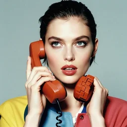 a studio close - up portrait of a beautiful fashion model talking on a brick phone. surreal photograph, lo - fi, polished look, silly and serious, hermes ad, fashion photography, toiletpaper magazine by pierpaolo ferrari and maurizio cattelan, 3 5 mm photograph, colourful, by pierpaolo ferrari, maurizio cattelan, david lachapelle