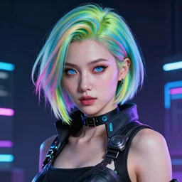 a stunning portrait of a cyberpunk queen. she has short neon colored hair and blue eyes. she's a cyberpunk 2 0 7 7 character. digital art by frank frazetta and julie bell and artgerm and ross tran, medium shot portrait, highly detailed, trending on artstationhq