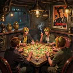 Kiwis kiwi birds kiwis in the interior of a steampunk pub, Greg Rutkowski, Milo Manara, night time, smoking cigarettes, playing board games, highly detailed, Quentin Tarantino movie posters, pulp fiction, level design, concept art, artstation, cgsociety, zenith view