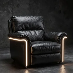 a brutalist leather armchair with led strips in a dark concrete room, intricate details, octane render