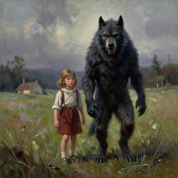 realistic landscape beautiful painting from scene in home alone movie, when human mutate into a berserk werewolf. horror, created by thomas kinkade and gustave courbet.