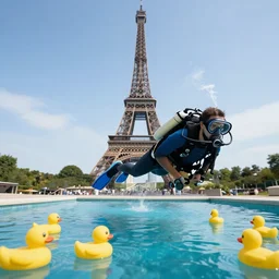 super realistic, diver, Eiffel Tower, pond, rubber ducks, ultra high definition