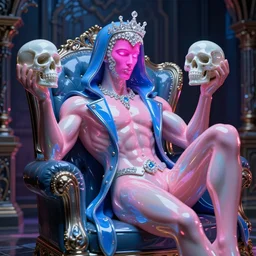hyper detailed ultra sharp photo of baroque and bladerunner neon crystalline ceramic sculpture of seductive muscular prince nick jonas dotado albino pink iridescent humanoid deity wearing blue hooded metallic tuxedo holding an glass skull in a onyx dungeon, reclining, glowing magenta face, crown of white diamonds, cinematic lighting, photorealistic, octane render 8 k depth of field 3 d