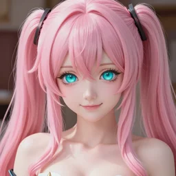 stunningly beautiful omnipotent megalomaniacal anime goddess with porcelain skin, pink twintail hair and mesmerizing cyan eyes, symmetrical perfect face smiling in a mischievous, devious and haughty way while looking down upon the viewer, mid view, hyperdetailed, 2 d, 8 k