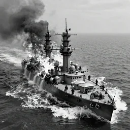 steampunk battleship engulfed in flames and sinking with water crashing on deck, clouds of smoke, bird's eye view, cinematic full shot, high res, 35mm film black and white photograph