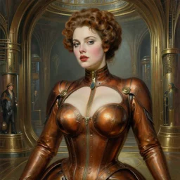 closeup painting of uncannily beautiful curvy!! aristocrat wearing latex and bronze catsuit inside bronze art deco arcology, science fiction by j. c. leyendecker and fritz lang and rembrandt and greg rutkowski and stefan prohaczka