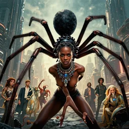 realistic detailed photorealistic film closeup portrait shot of a beautiful black woman with a giant spider, sci fi city landscape background by denis villeneuve, amano, yves tanguy, alphonse mucha, ernst haeckel, david lynch, edward robert hughes, roger dean, cyber necklace, dynamic pose, rich moody colours, wide angle