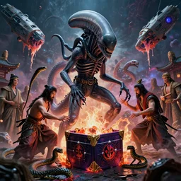 Drop a xenomorph into feudal Japan!!, the ancient Greeks crack open the Hellraiser box, cosmic horror!!!, cinematic, hyper realism, high detail, octane render, unreal engine, 8k, vibrant color, mage duel, Snakes, melting Spaceships!, by andrea chiampo and chet zar