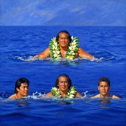 duke kahanamoku emerging from royal blue water by greg rutkowski, claude monet, conrad roset, takato yomamoto, rule of thirds, sigma look, hawaiian