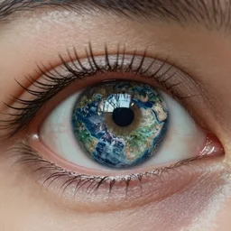 An extreme closeup of an eye that contains a world, in the world an alien civilization is thriving, the eye gazes with the deepest intelligence