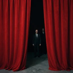 behind red curtains, dark, dystopian, capitalism, behind the scene, by rokas aleliunas and zdzisław beksinski