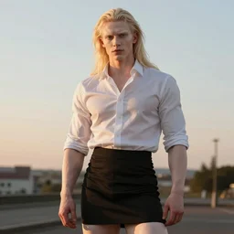 portrait of the male model Lucius Bjornsson with beautiful long pale blond hair, albino white pale skin, posing for a photoshoot in the golden hour, white dress shirt and black miniskirt, broad shoulders and huge thick arms, ambient lighting, 4k, anime key visual, lois van baarle, ilya kuvshinov, rossdraws, artstation