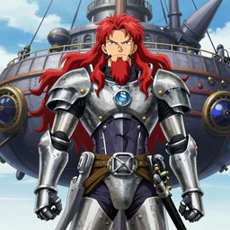 male sky-pirate with long red hair and red beard in front of an airship, full metal alchemist, anime style