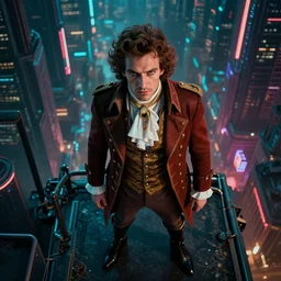 man dressed in the directoire style in a cyberpunk city, photograph, cinematic, top down camera, rgb,