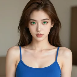 sexy and cute girl with green eyes and brown hair, wearing a blue camisole, silver earring, in the style of greg rutkowski, silver and blue colors, anime artstyle, intricate