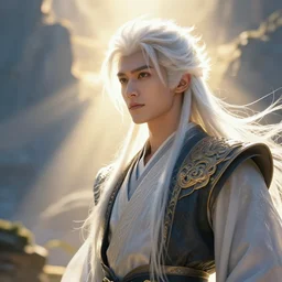 a handsome prince, white fringy hair, backlit, incredible lighting, strong rim light, subsurface scattering, realistic anime, by Heise Jinyao, Heise-Lian Yan Fang, Feimo, Richard Taddei, epic beautiful landscape, highly detailed, god rays, digital painting, HDRI, by Noah Bradley, vivid colors, high contrast, 8k resolution, intricate, photorealistic