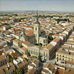bird's eye view of Madrid from Azca, realist painting by Isabel Quintanilla, 1981, W 768