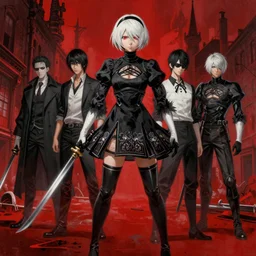 highly detailed painting of whitechapel 1888, by Dustin Nguyen, Akihiko Yoshida, Greg Tocchini, Greg Rutkowski, Cliff Chiang, 4k resolution, nier:automata inspired, bravely default inspired, vibrant but dreary red, black and white color scheme!!!