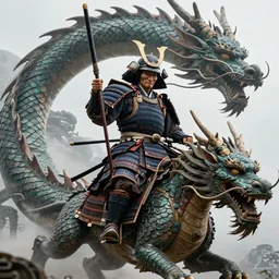 a godlike and indomitable helmeted and masked samurai riding an enormous dragon. Giant dragon coming up in background. Badass pose. Photo realistic. Gregory Crewdson. Award winning. Masterpiece, exquisite detail, post processing