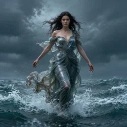 beautiful powerful water goddess clothed in a swirling gown strides through a stormy sea, detailed matte fantasy portrait, dynamic lighting, bokeh backdrop, by greg rutkowski, by peter mohrbacher, by brom