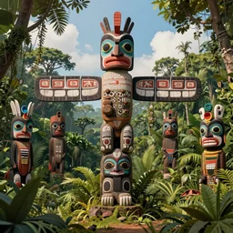 a totem in the jungle, with faces of ancestors in the sky wearing tribal masks, hyper detailed, art by christophe vacher