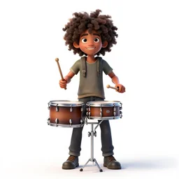 afro-haired drummer with sticks, detailed 3d character render, full body, standing, isolated on a pure white background, centered, whole figure in frame, sharp focus, studio lighting