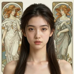 beautiful young goddess by zdzisław beksinski, iris van herpen, jean delville, jeffrey smith, and alphonse mucha, detailed realistic beautiful portrait, shallow depth of field octane render