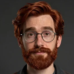 pleasant, nerdy man character portrait, dark auburn hair, beard, thin - framed glasses, freckles, by don bluth, highly detailed, dynamic shadows, 4 k, wallpaper - 1 0 2 4