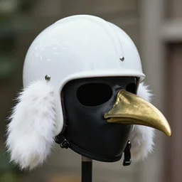 realistic photo of a freestanding white bird helmet with pattern of white tiny energy stripes, brass long beak, black latex mask, ears made of white fluffy furry sticks 1 9 9 0, life magazine reportage photo, natural colors