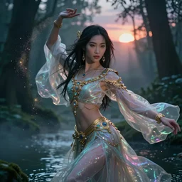 Realistic portrait of Mulan from Disney's Mulan, mystical forest lagoon, glowing glittery dust in the air, twilight, sunset, gloomy, eerie atmosphere, dynamic pose, ornate attire, intricate gold and crystal jewelry, diaphanous iridescent cloth, cinematic lighting, god rays, volumetric fog, bloom, by Alphonse Mucha, by Bouguereau, by Rubens, by Luis Ricardo Falero, fantasy, portfolio illustration, highly detailed, trending on Artstation, CGsociety, HQ, 8k, 35mm lens, f2.8, Bokeh,