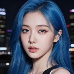 a gorgeous korean girl with blue hair, dj sura face, photo, night city background professionally retouched, soft lighting, feather hair, realistic, smooth face, perfect eyes, wide angle, sharp focus on eyes, 8 k high definition, insanely detailed, intricate, elegant, art by artgerm and greg rutkowski and j scott campbell