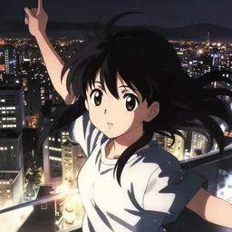 anime visual, portrait of a black haired girl wearing shirt sightseeing above the city, cute face by yoh yoshinari, katsura masakazu, dramatic lighting, dynamic pose, dynamic perspective, strong silhouette, ilya kuvshinov, anime cels, 1 8 mm lens, fstop of 8, rounded eyes, moody, detailed facial features