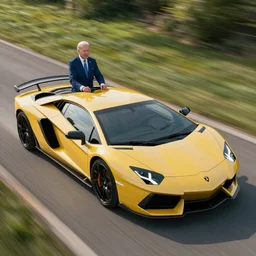 joe biden driving a lamborghini, 4 k resolution, octane render, unreal engine, ultradetailed, photorealistic, ultrarealism, trending on artstation, view from drone
