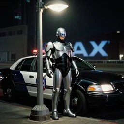 robocop standing under a street lamp at night in downtown future detroit. leaning against a futuristic police car. criterion collection, movie still. 7 0 mm. imax. film.