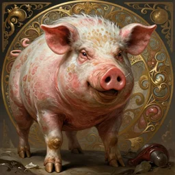 angry pig as God of meat, brutal, epic, intricate, elegant, highly detailed, digital painting, 4k, HDR, concept art, smooth, sharp focus, illustration, art by alphonse mucha,artgerm, H R Giger