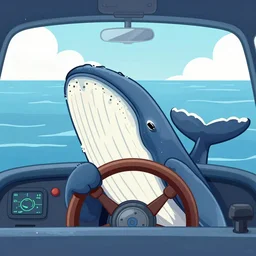 whale holding steering wheel, whale driving airplane