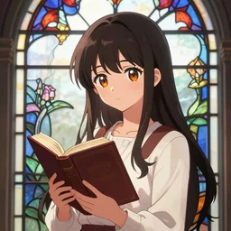 very very very very very very beautiful cute anime girl hoding book in hands, stained glass window