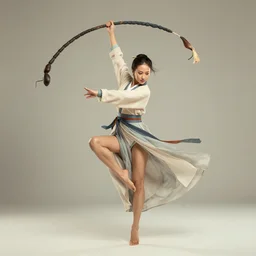 a barefoot female dancer using a silk belt as weapon, wuxia, xianxia, barefoot, tanned skin, athletic, vivacious, absurdly beautiful, hanfu, fully clothed, chinese ribbon dance, silk belt, scorpion whip, detailed, realistic, anatomically accurate, in the style of wlop on artstation, wang liang.