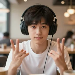 a boy with headphones in a cafe, digital art, digital painting, masterpiece, concept art, trending on deviantart, highly detailed, high quality, anatomically correct, five fingers, cinematic, high coherence, soft lighting, soft colors, beautiful, elegant, short black hair, 4 k, symmetrical, realistic and detailed face, cartoon