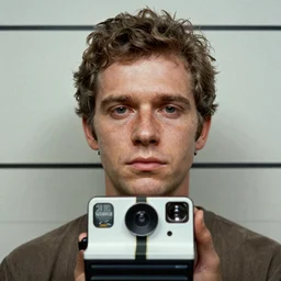 Mugshot Portrait of Gigachad, taken in the 1970s, photo taken on a 1970s polaroid camera, grainy, real life, hyperrealistic, ultra realistic, realistic, highly detailed, epic, HD quality, 8k resolution, body and headshot, film still, front facing, front view, headshot and bodyshot, detailed face, very detailed face