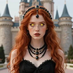 redhead girl in black dress in beautiful castle, black pearls and golden gems, glowing eyes, light freckles, portrait, conceptart, medium shot, unreal, octane, symmetrical, photorealism