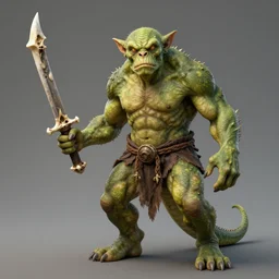 dog - faced muscular goblin, ugly face, lizard tail, holding scimitar made of bone, scimitar, colorized, green skin, hyper - detailed, primeval fantasy, prehistoric fantasy, art by jacques - louis david