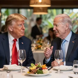 Trump and Biden having dinner at a fancy Balinese restaurant, award winning photography, 85mm, perfect faces, zoom
